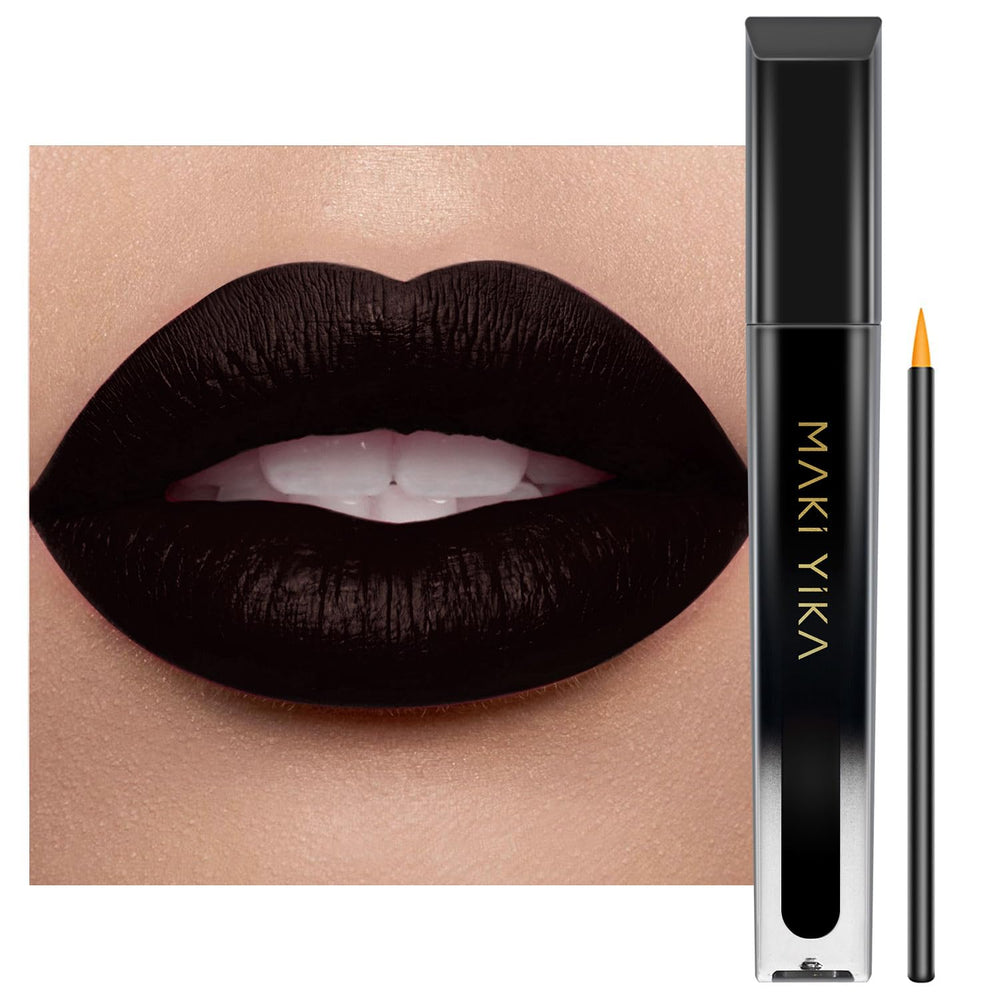 MAKI YIKA black matte lipstick tube and wand show bold pigment for lasting wear