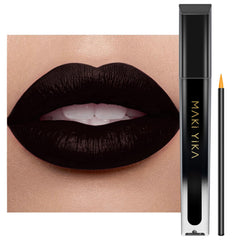 MAKI YIKA black matte lipstick tube and wand show bold pigment for lasting wear