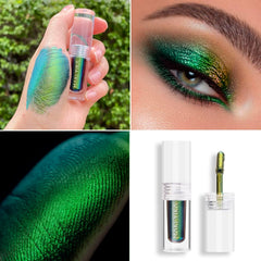 MAKI YIKA green liquid eyeshadow showing peacock color shift under light