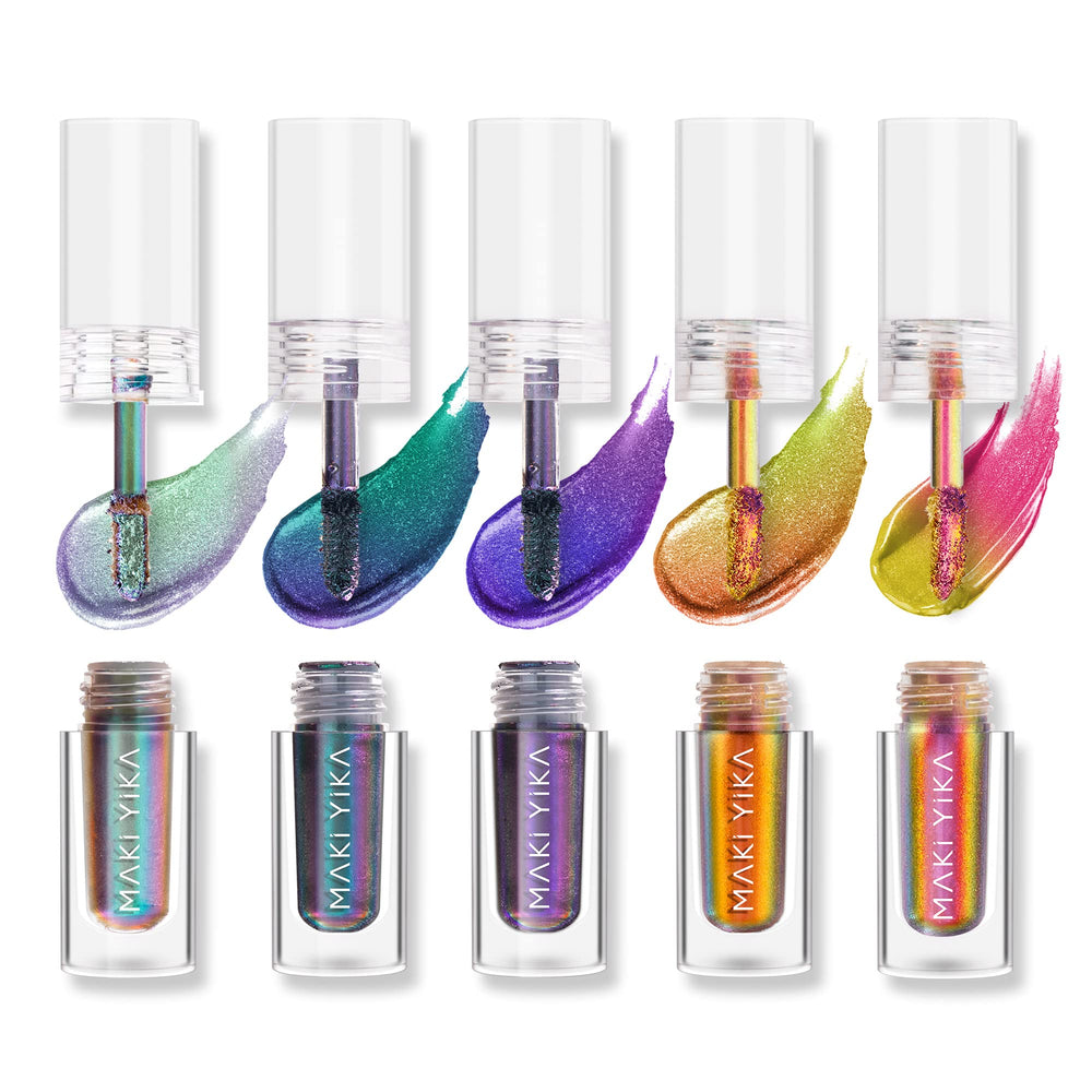 Maki Yika glitter liquid multichrome swatches on skin show shifting colors.