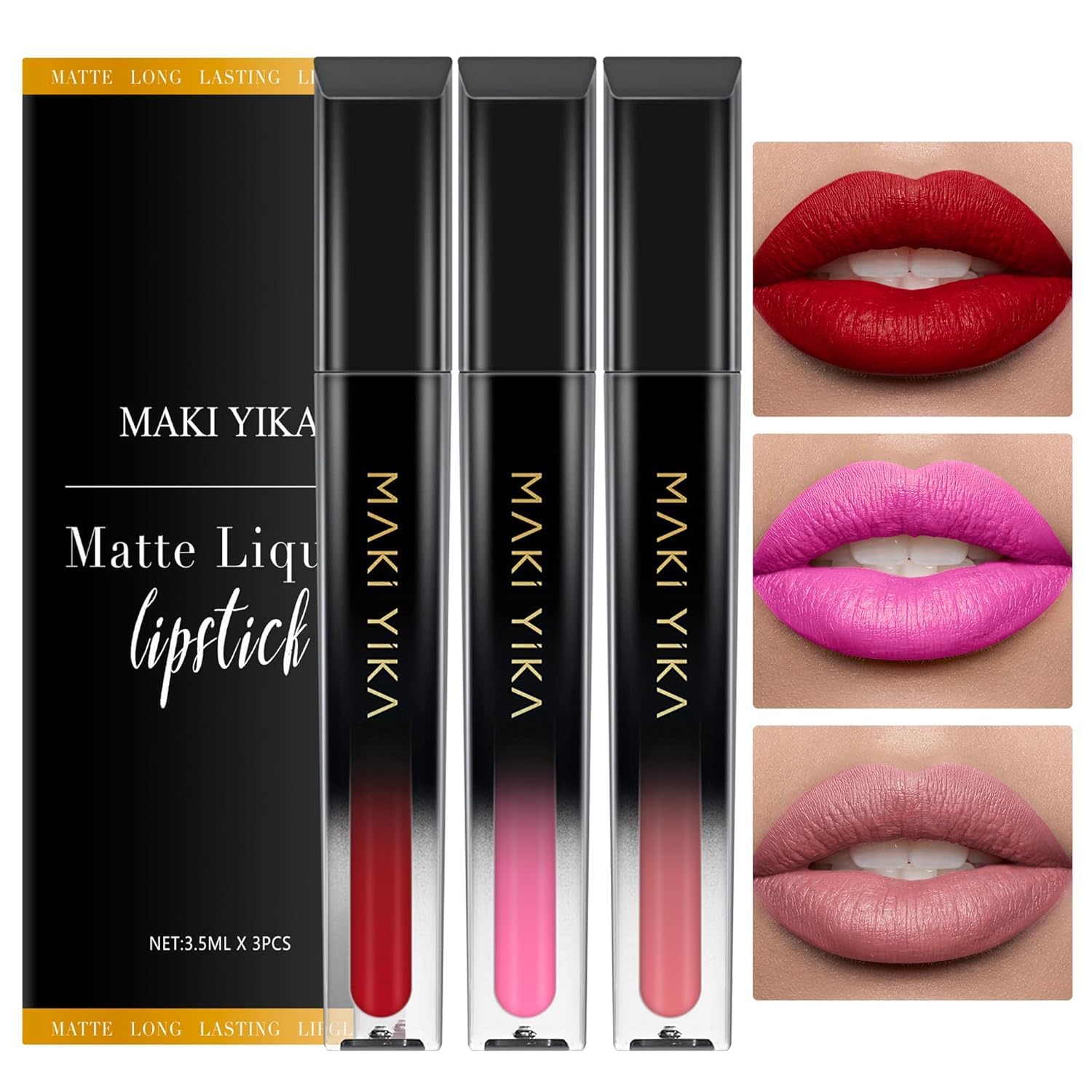 MAKI YIKA red lipstick bullet swatch showing bold color with long wear