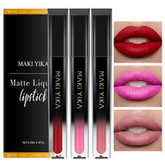 MAKI YIKA red lipstick bullet swatch showing bold color with long wear