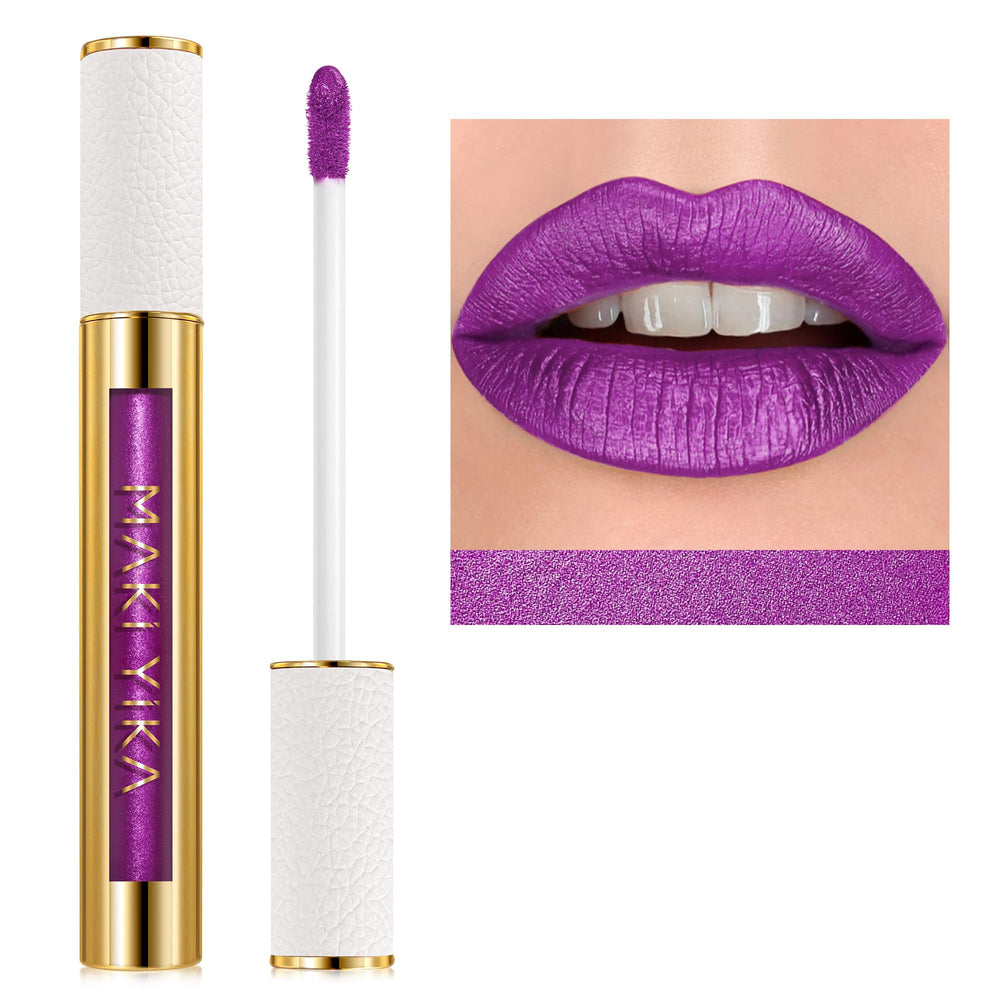 MAKI YIKA packaging highlights a glittery purple lipstick tube, perfect for gifting and display.