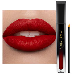 MAKI YIKA red lipstick cap close-up shows bold matte color for lasting impact.