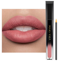 MAKI YIKA red lipstick swatch shows bold, long-lasting color.