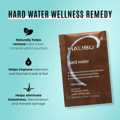 Malibu C Hard Water Remedy crystal dispersion showing mineral removal for healthier hair.