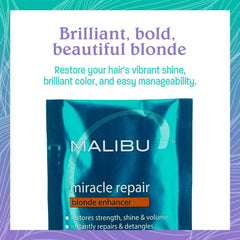 Olive and macadamia oils panel on packet nourish color-treated blonde hair.