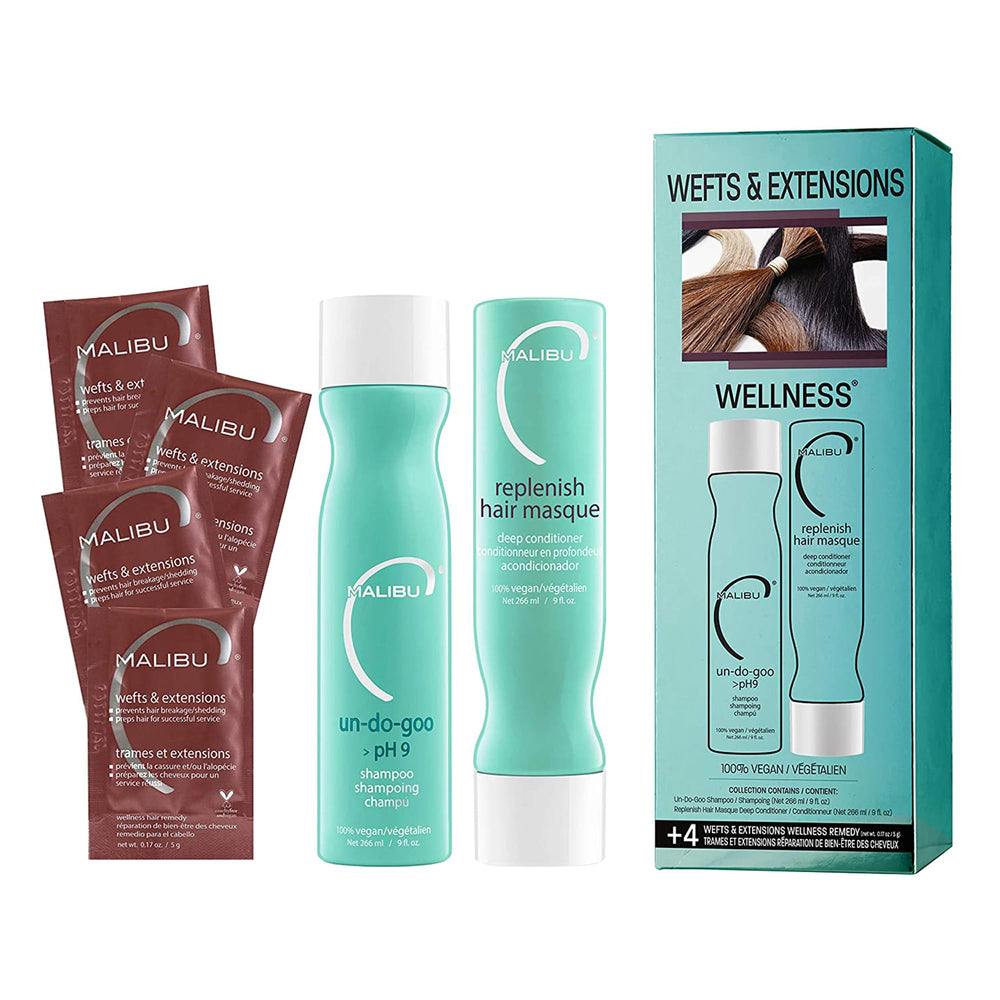 Malibu C Wefts shampoo bottle for gentle cleansing of extensions and natural hair