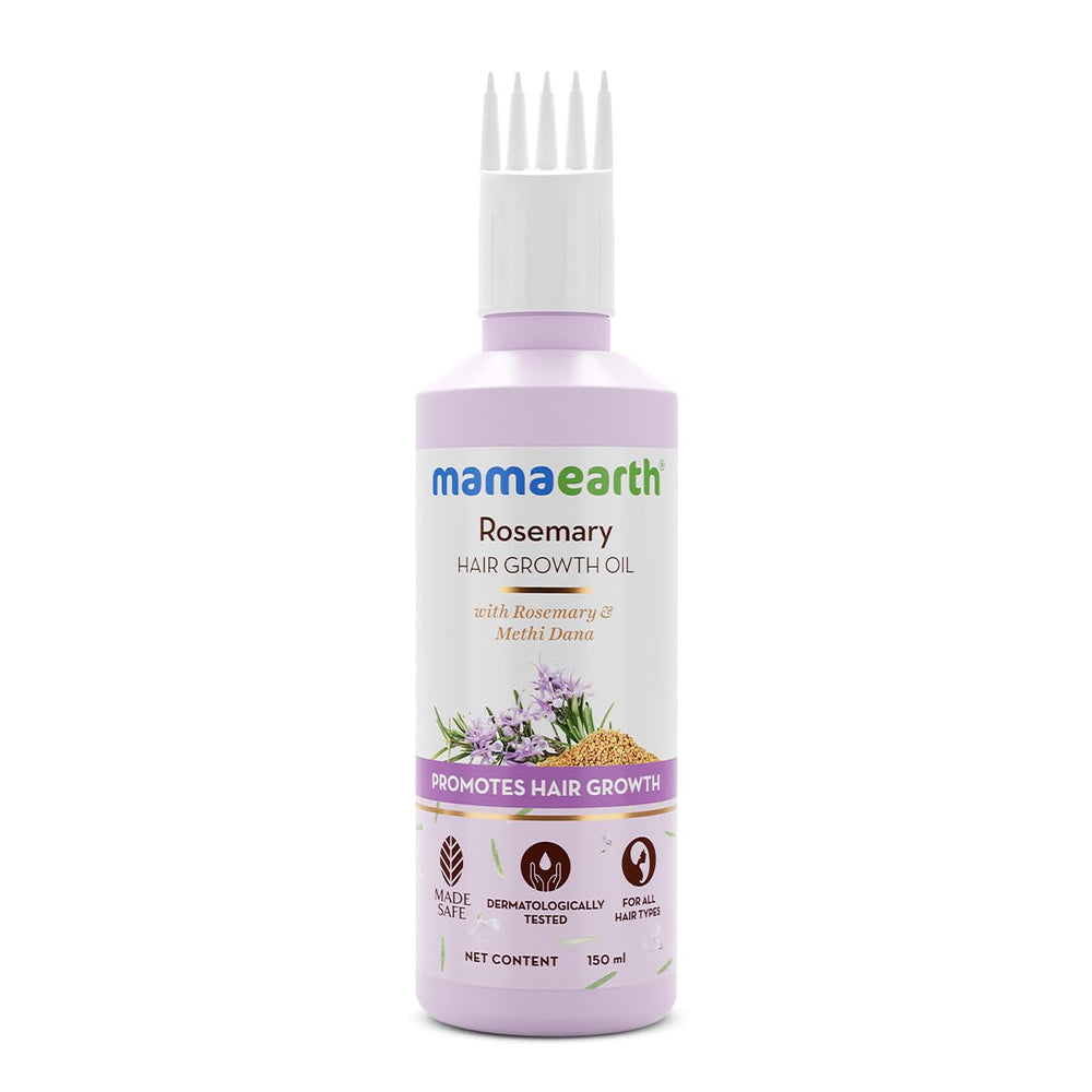 Mamaearth Rosemary Hair Oil bottle on display, supports scalp nourishment.
