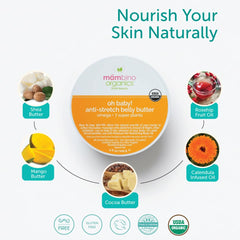 Mambino Oh Baby belly cream label highlighting vegan, cruelty-free care