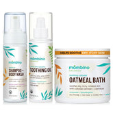 Mambino Organics soothing bath set packaging on a cozy shelf, ready for gifting.