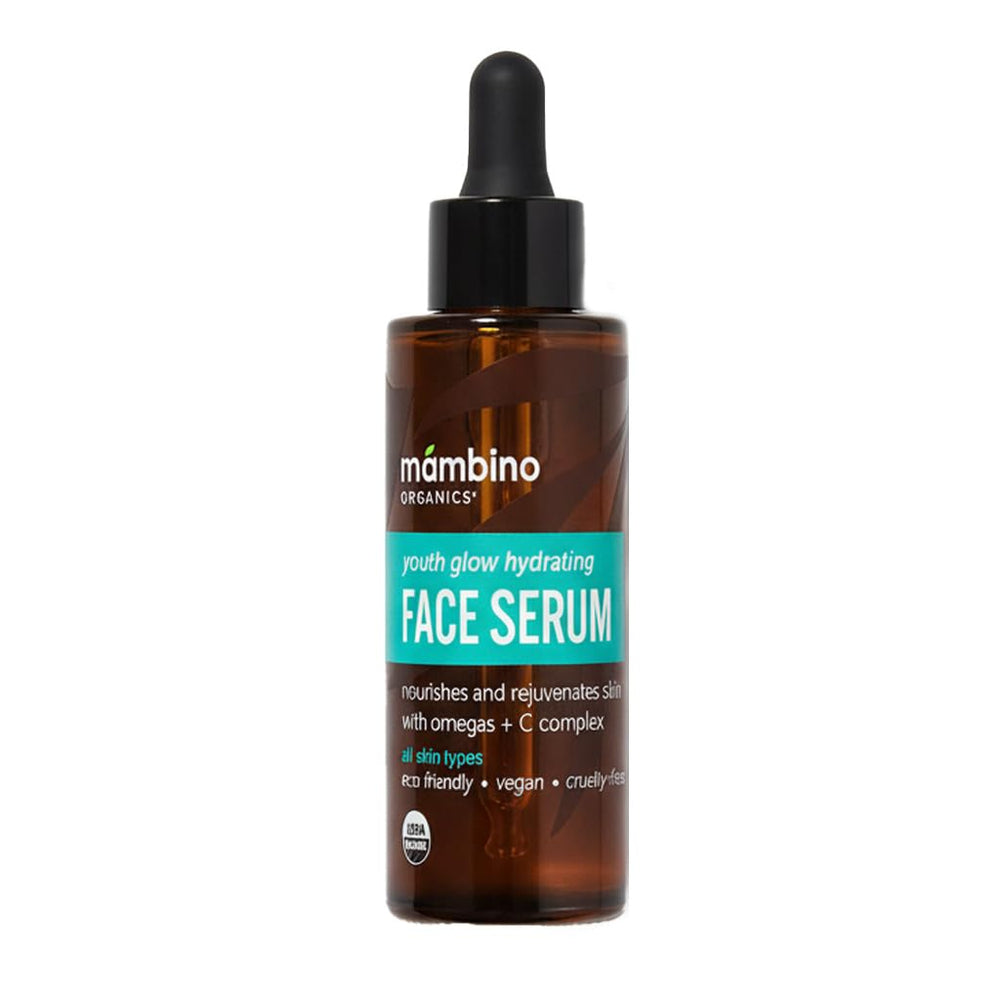 Mambino Organics Youth Glow Serum bottle showcases radiant hydration for dry skin