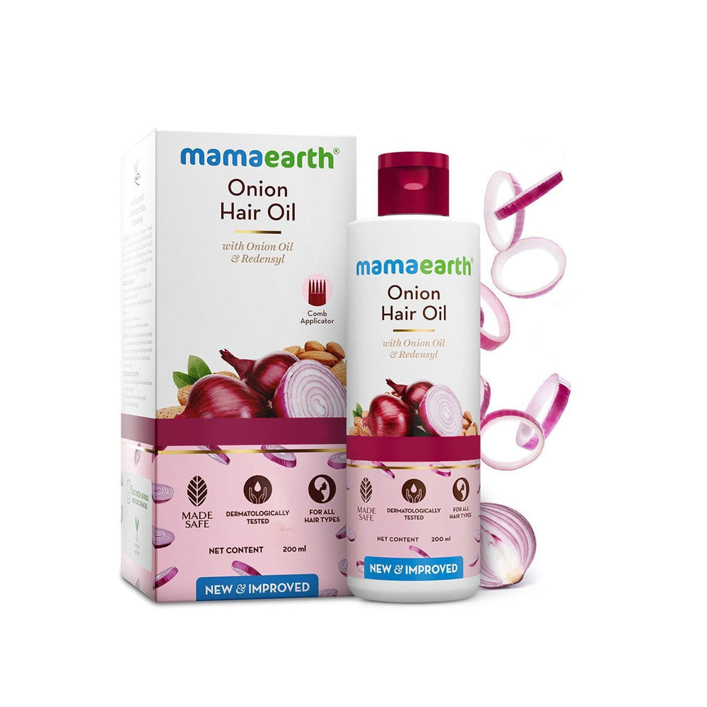Mamearth Onion Hair Oil bottle closeup highlighting lightweight, non-sticky formula for all hair types.