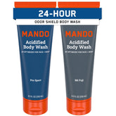 Mando Acidified Body Wash Pro Sport bottle shows 24-hour odor control for active days.