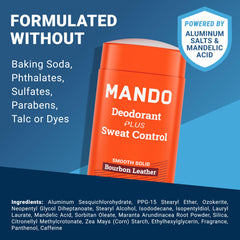 Mando Bourbon Leather label highlighting skin-safe ingredients.
