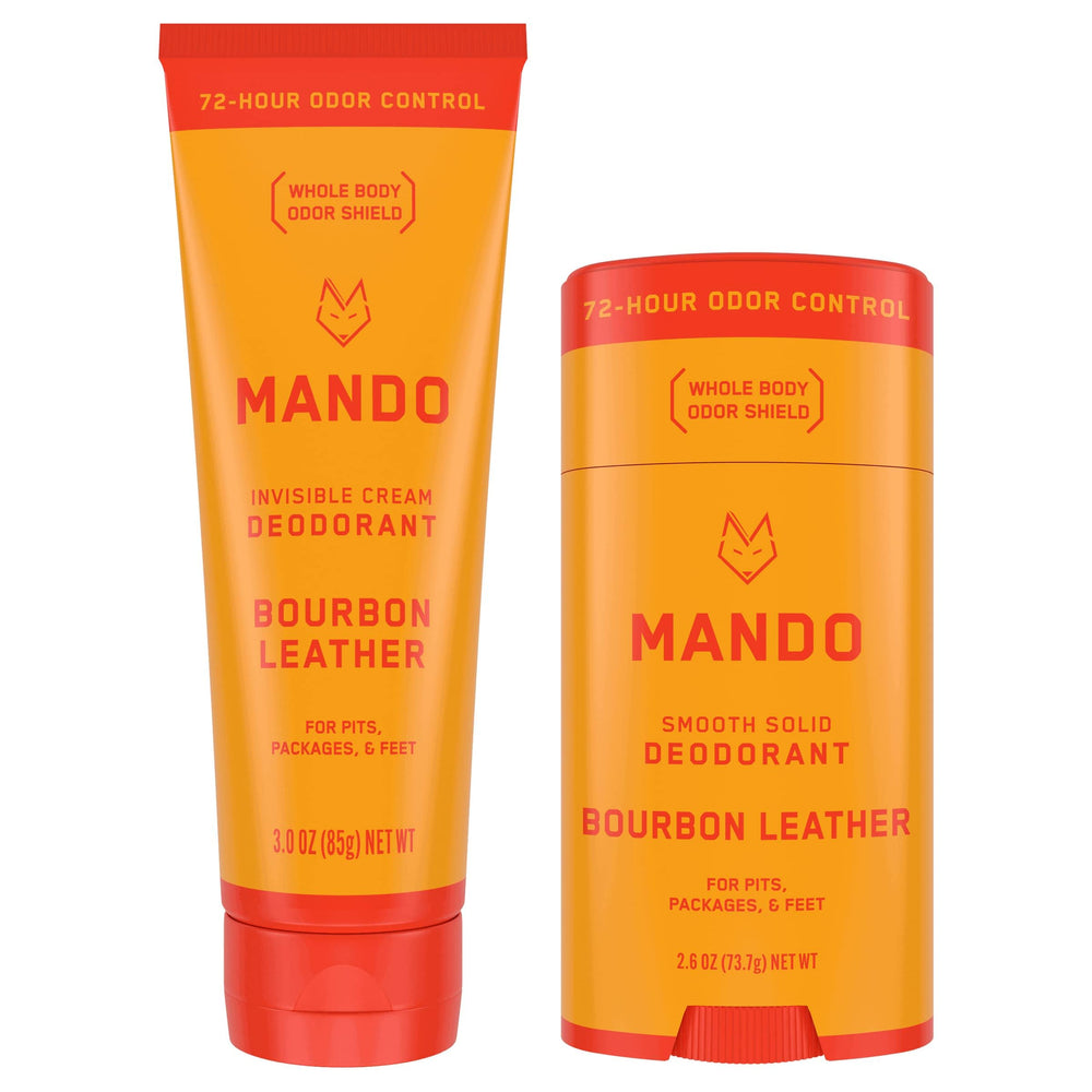 Mando Bourbon Leather deodorant tube shows all-day odor control for daily wear.