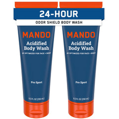 Mando Odor Shield Body Wash bottle front view highlights 24-hour odor control.