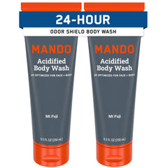 Mando Odor Shield Body Wash bottle on shelf for daily freshness