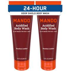 Mando Odor Shield Body Wash bottle showing long-lasting odor control for sensitive skin
