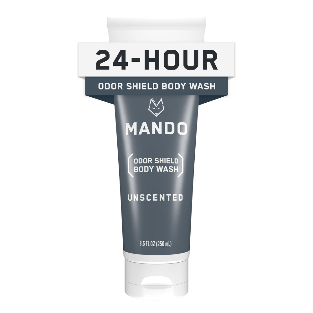 Mando Odor Shield Unscented Body Wash bottle illustrating 24-hour odor control.