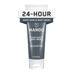 Mando Odor Shield Unscented Body Wash bottle illustrating 24-hour odor control.