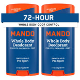 Mando Pro Sport bottle shown, aluminum-free formula for all-day odor control.