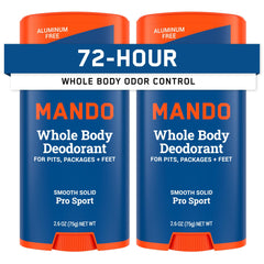 Mando Pro Sport bottle shown, aluminum-free formula for all-day odor control.