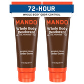 Mando Cedar Grove whole-body deodorant tube shows long-lasting odor control.