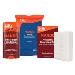 Mando whole body deodorant stick for daily odor control in a compact tube.