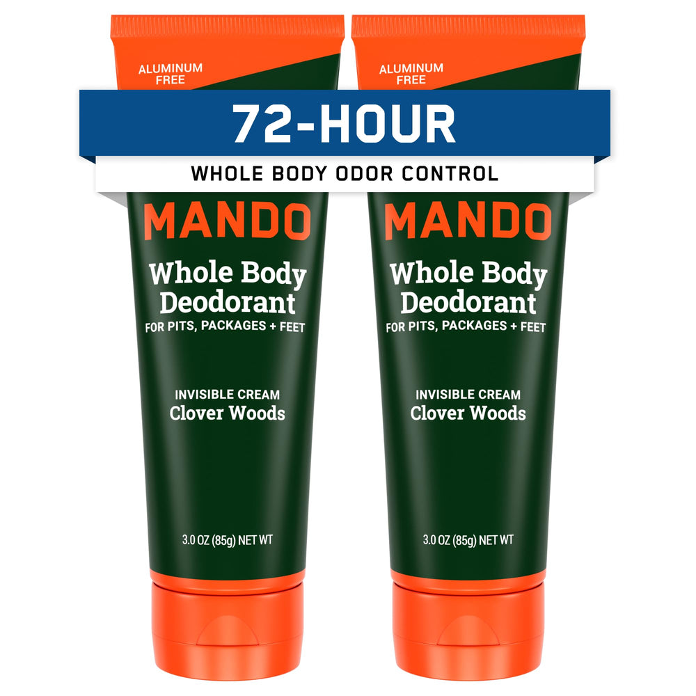 Mando whole body deodorant tube front view showing packaging and branding for all-day odor control.