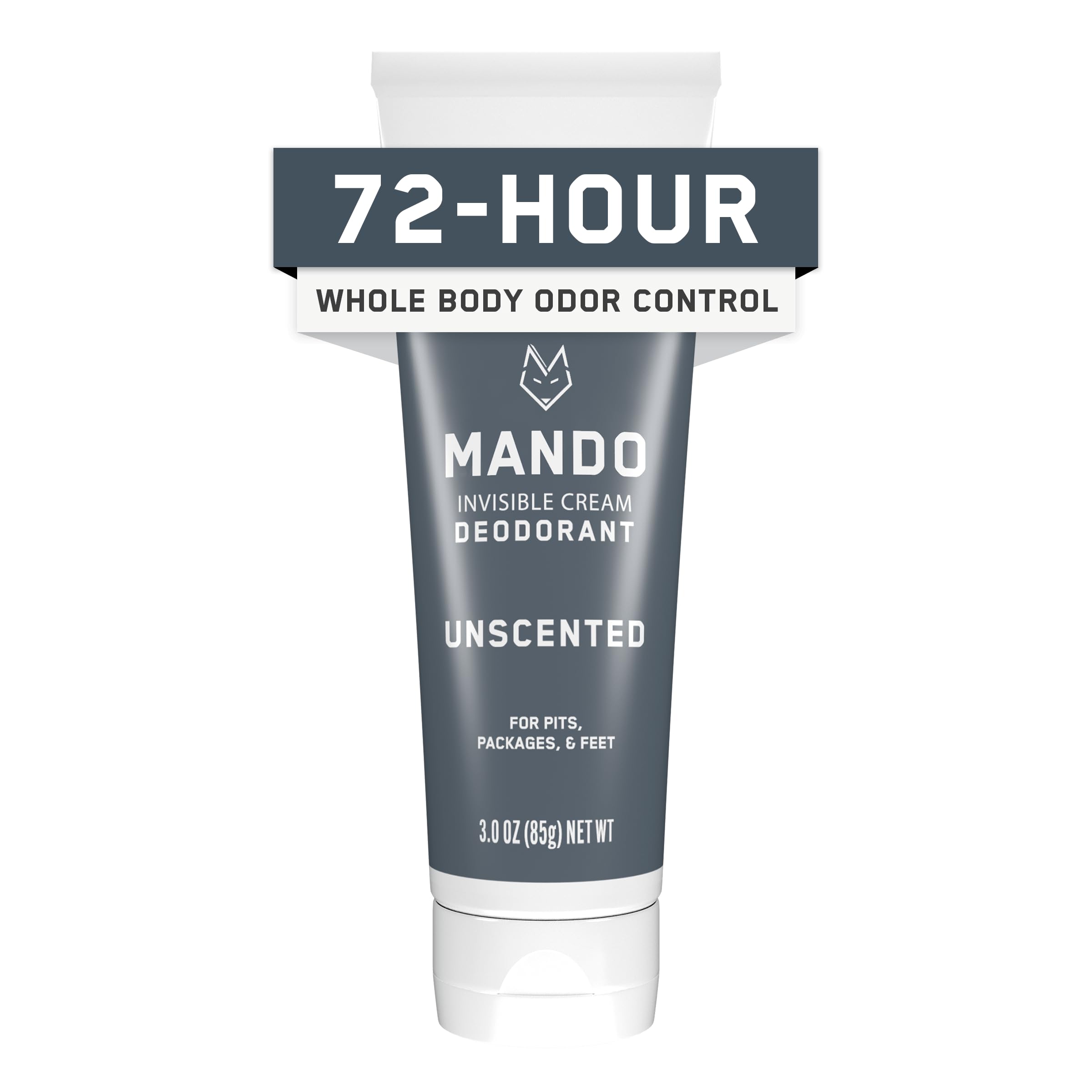 Mando whole-body deodorant unscented tube ready for all-day odor control.