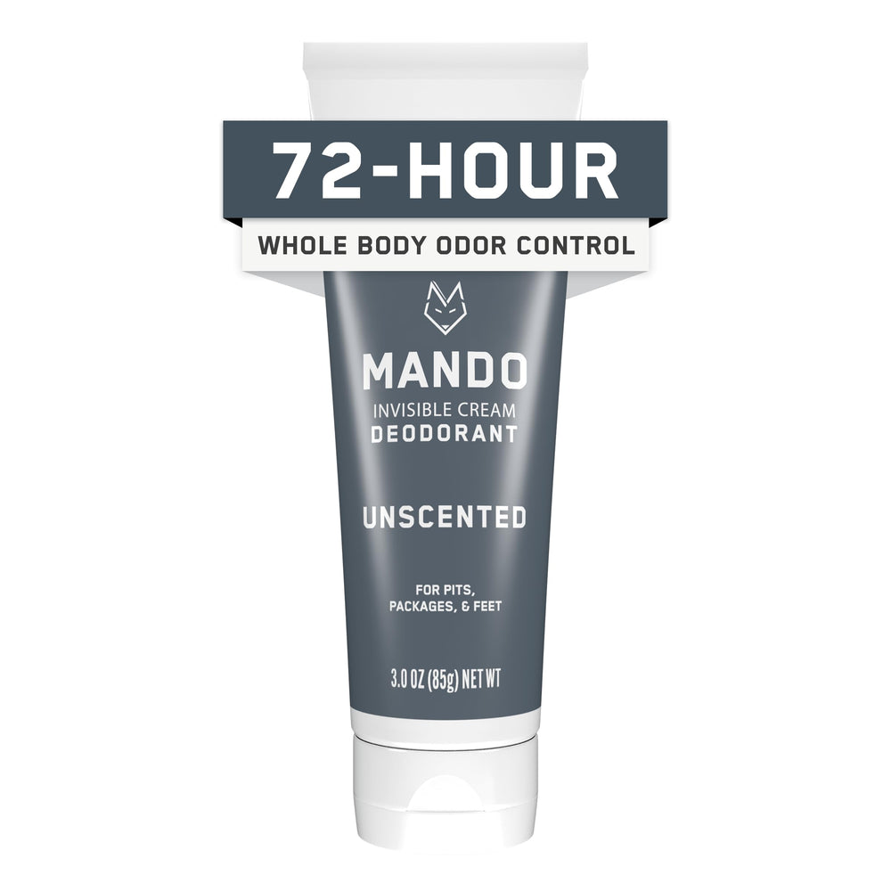 Mando whole-body deodorant unscented tube ready for all-day odor control.