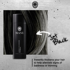 MANE Jet Black fibers cover thinning temples with a natural look.