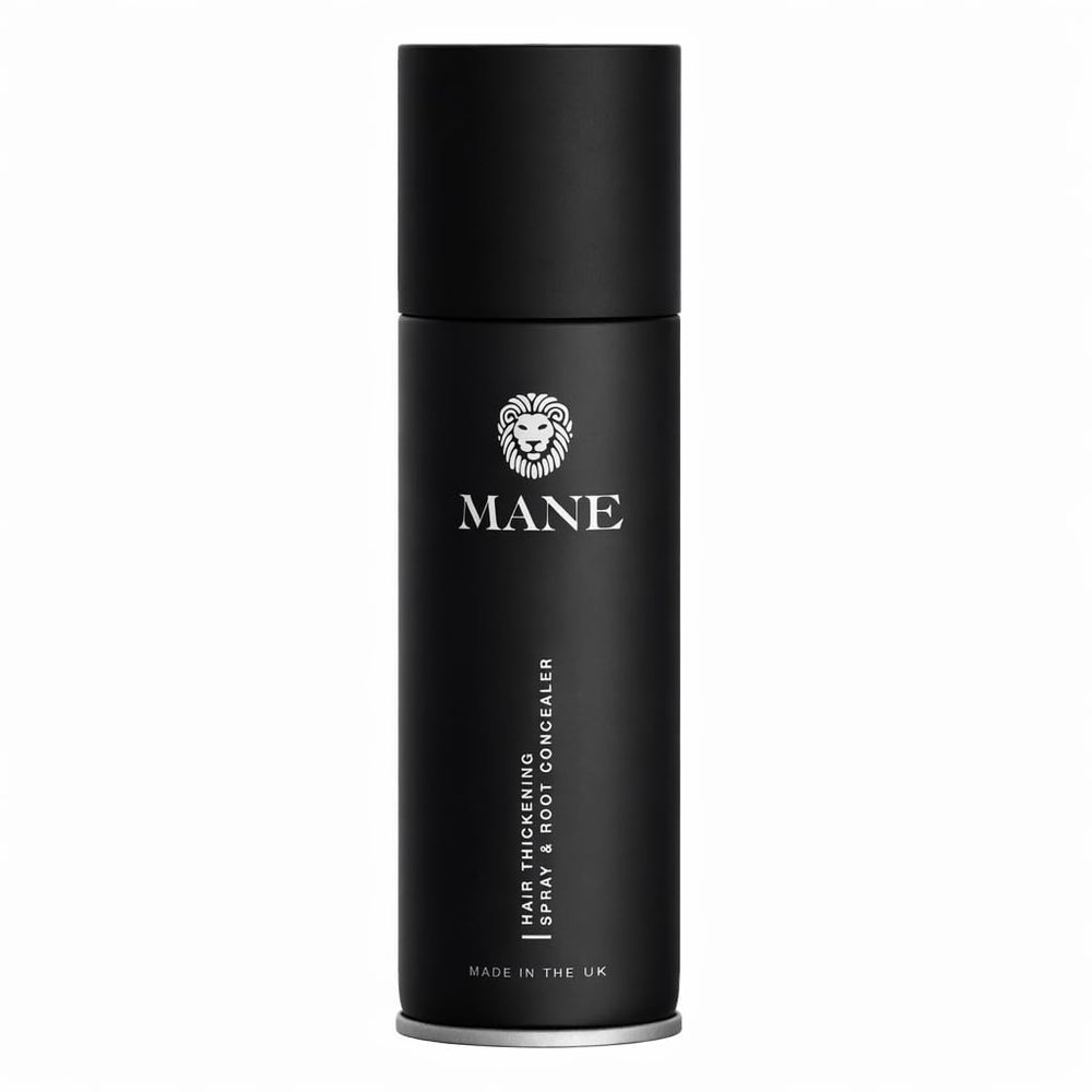 MANE Hair Thickening Fiber Spray 200ml in dark brown bottle enhances immediate fullness