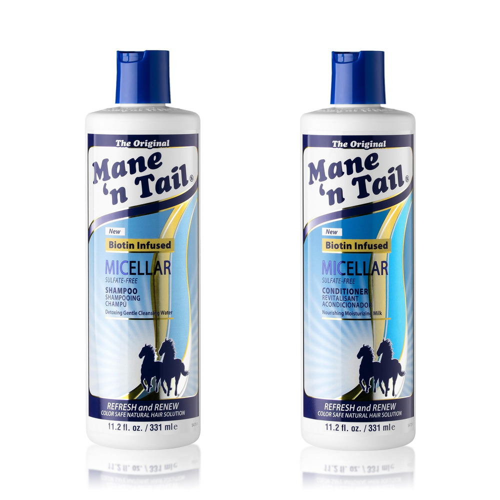 Mane 'n Tail micellar shampoo bottle front with detangling potential and detox focus.