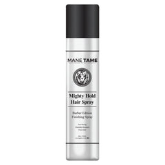 Mane Tame Mighty Hold spray bottle shows fast-drying finish for men.