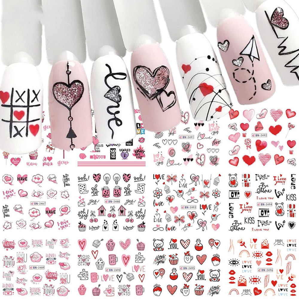 Mangoit Valentine's nail stickers with heart and flower designs for quick romantic manicures.