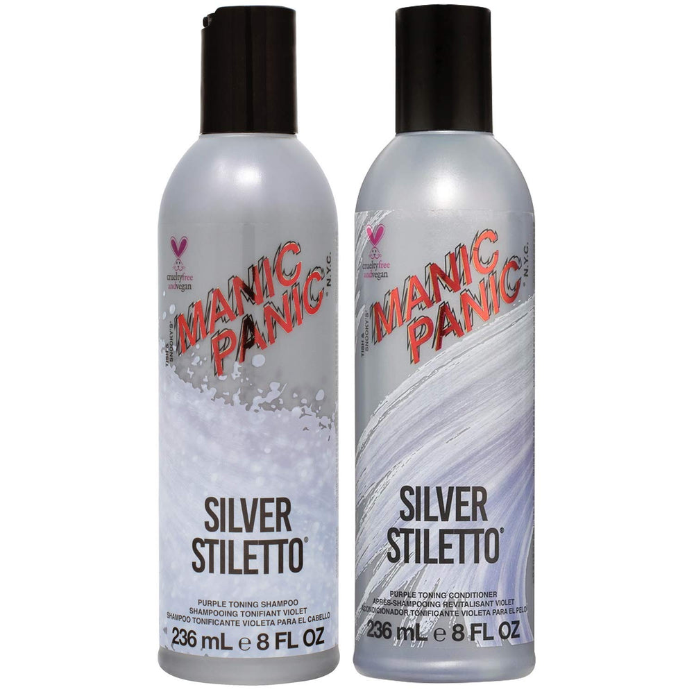 MANIC PANIC Silver Stiletto Shampoo bottle highlighting violet toning for cooler tones