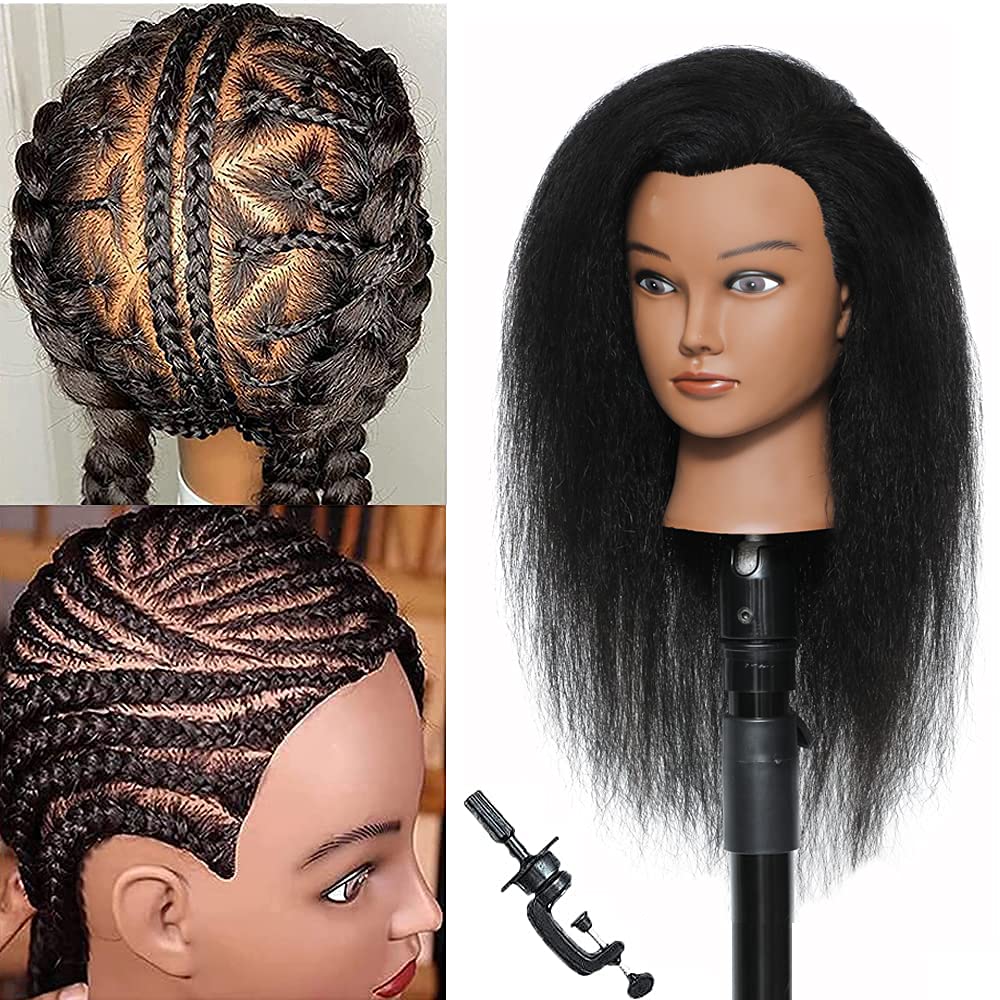 Mannequin Head with 14-inch 100% real hair in natural black, close-up for authentic styling practice.