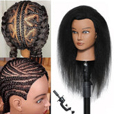 Mannequin Head with 14-inch 100% real hair in natural black, close-up for authentic styling practice.