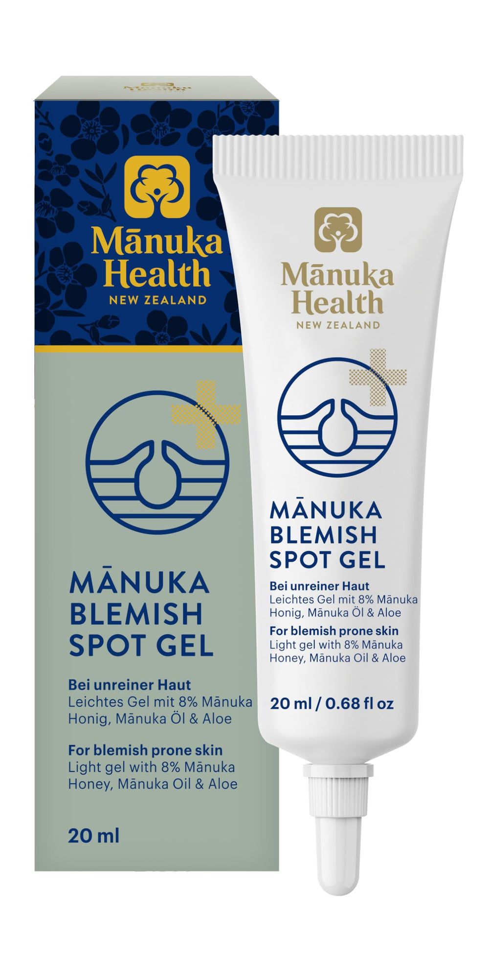 Manuka Health blemish spot gel bottle showing oil-free targeted care