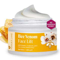 Manuka Lane Bee Venom Face Cream jar demonstrates luxurious packaging and potential firming benefit.