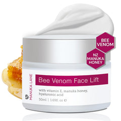 Manuka Lane bee venom face cream tube for smoother-looking skin around the face.