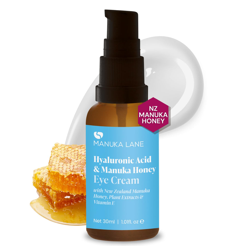 Manuka Lane Hyaluronic Acid Eye Cream bottle demonstrates a hydrating formula for delicate eye skin.