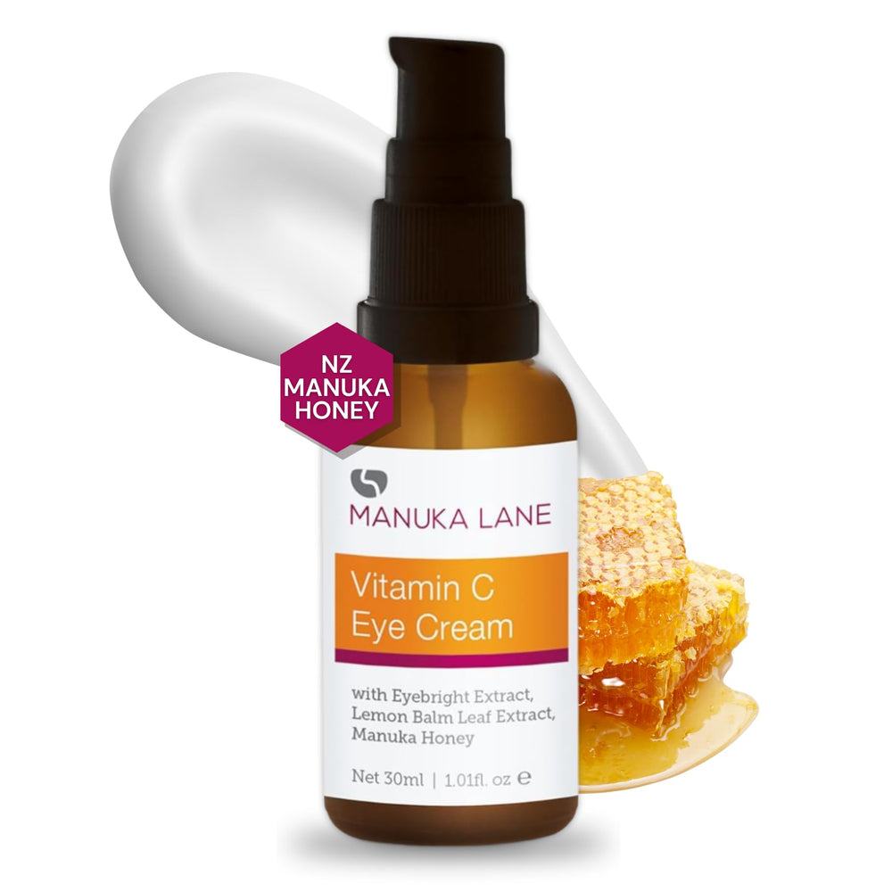 Manuka Lane Vitamin C Eye Cream tube front highlights bright, hydrated under-eye care.