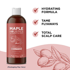 Maple Holistics Argan Oil Shampoo label close-up showing vitamin E and panthenol.