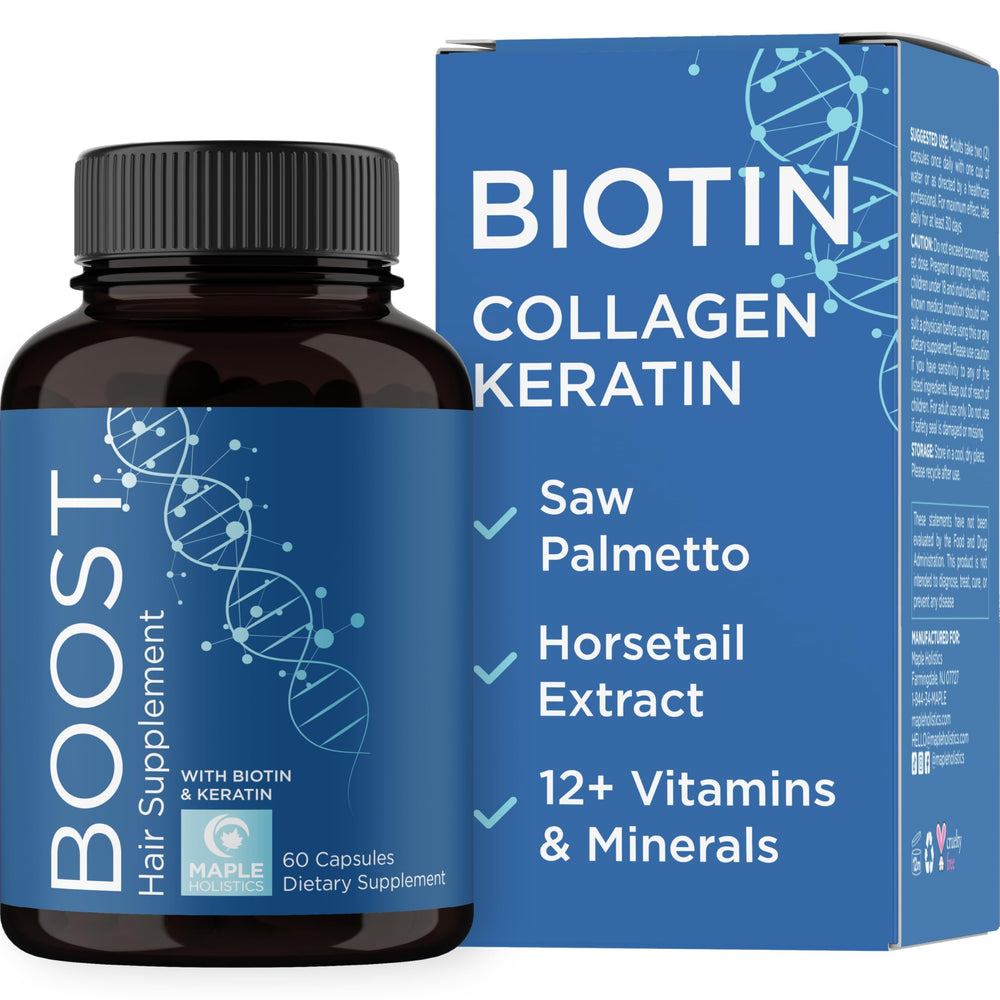 Maple Holistics biotin and collagen bottle closeup for hair growth support.