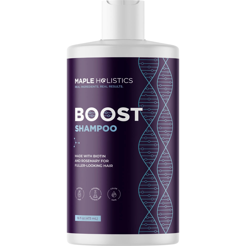 Maple Holistics Biotin Shampoo bottle pouring for volumized hair