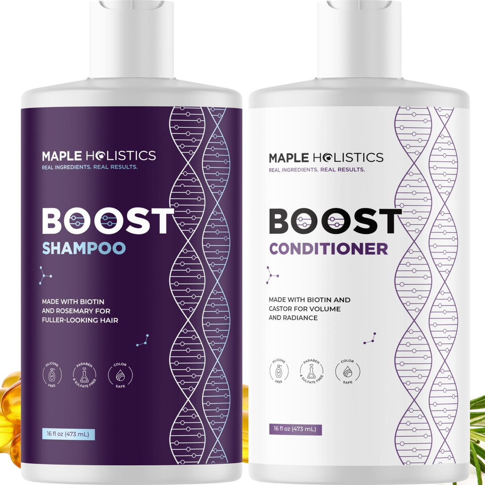 Maple Holistics biotin shampoo label highlighting gentle cleansing for thinning hair