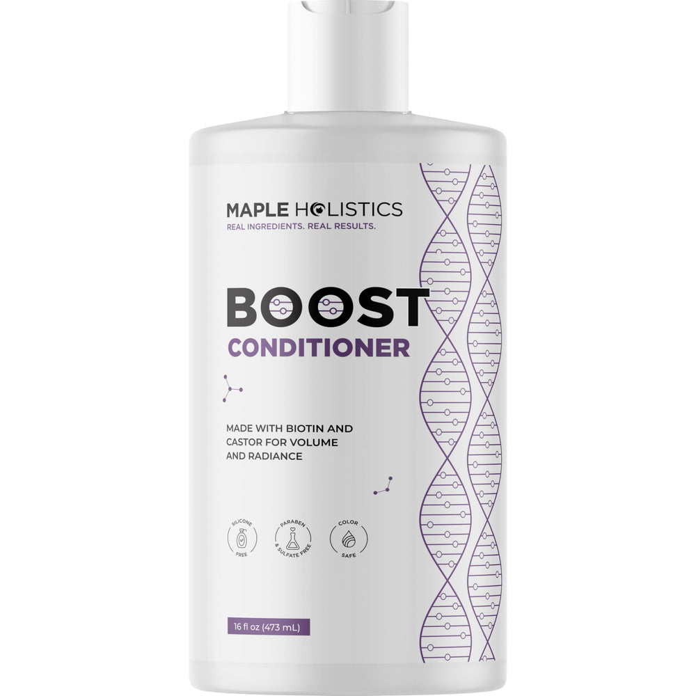 Maple Holistics Boost Biotin Conditioner bottle on bathroom shelf showing plant-based formula